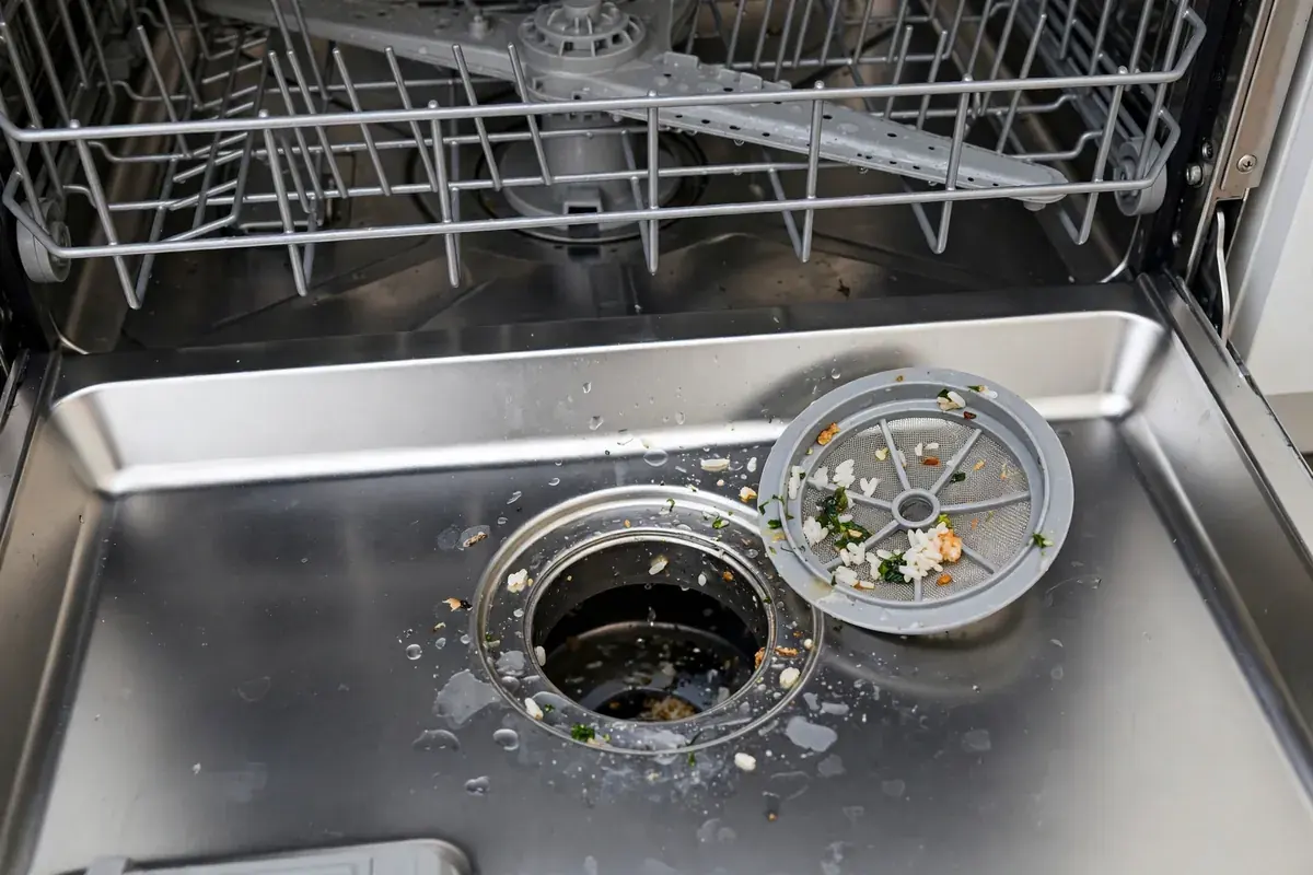 Dishwasher tub with the drain filter lifted out beside the sump and spray arm