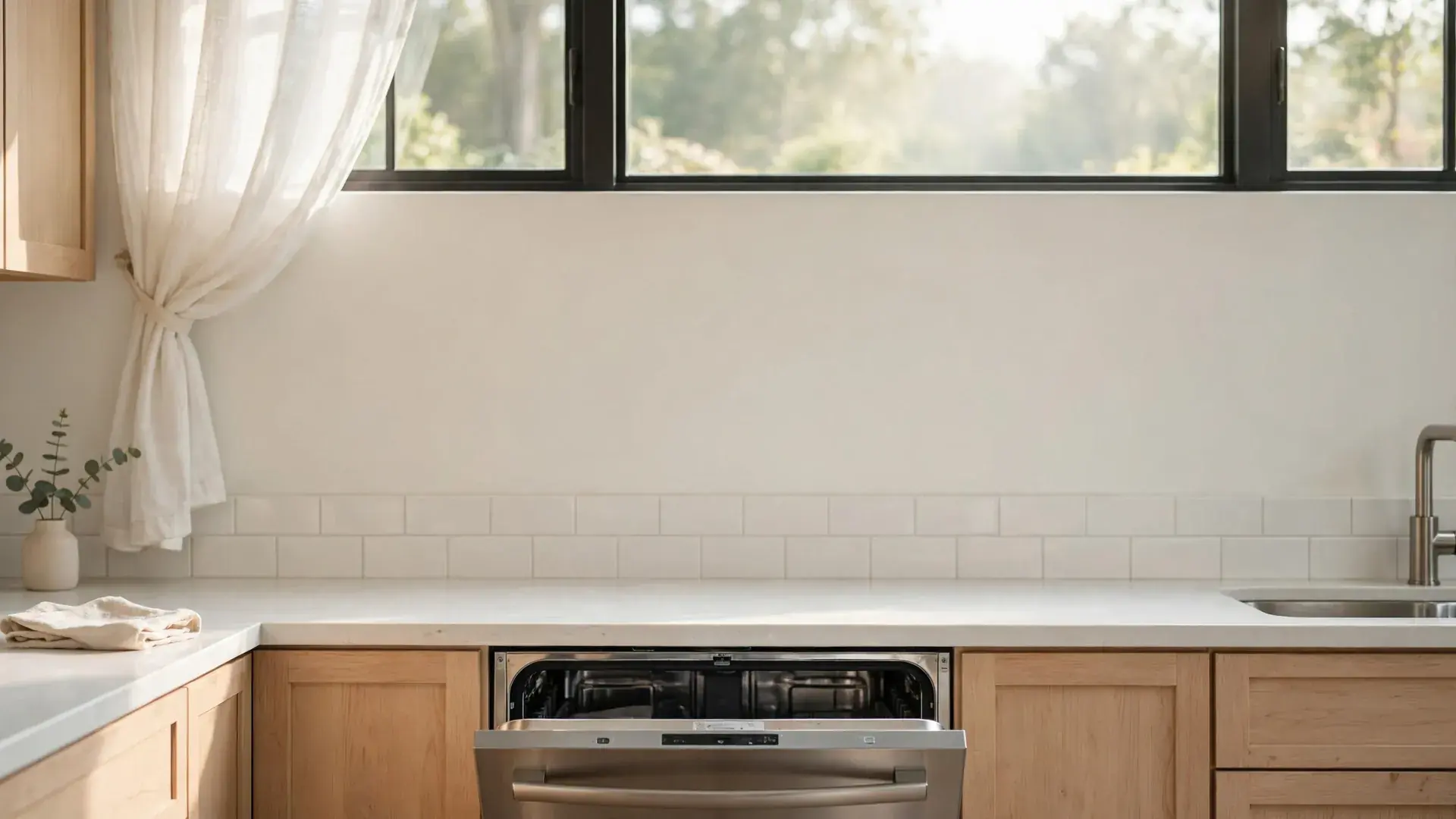 A built-in stainless steel dishwasher with its door slightly open in a bright kitchen