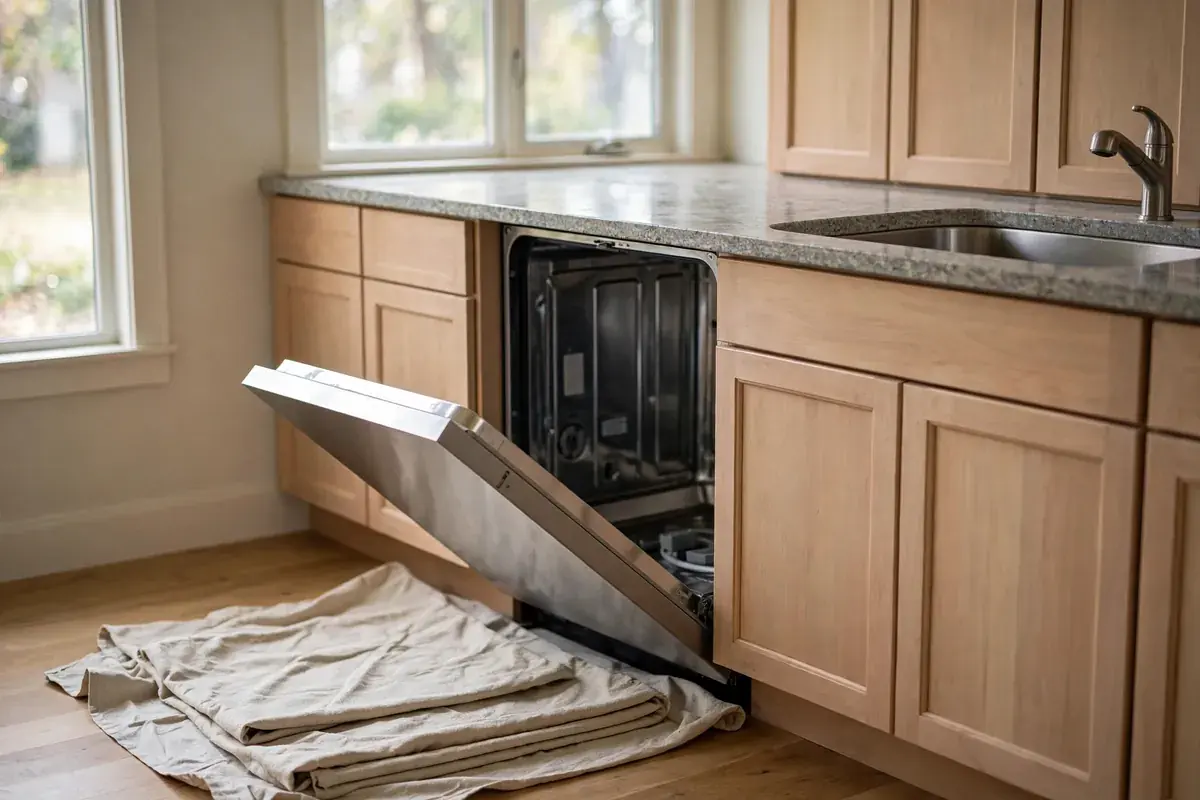 Built-in dishwasher slid partly out from under the counter on a protected kitchen floor