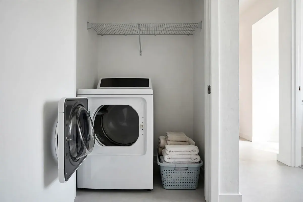 Laundry closet with a dryer door hanging ajar and a basket of folded towels