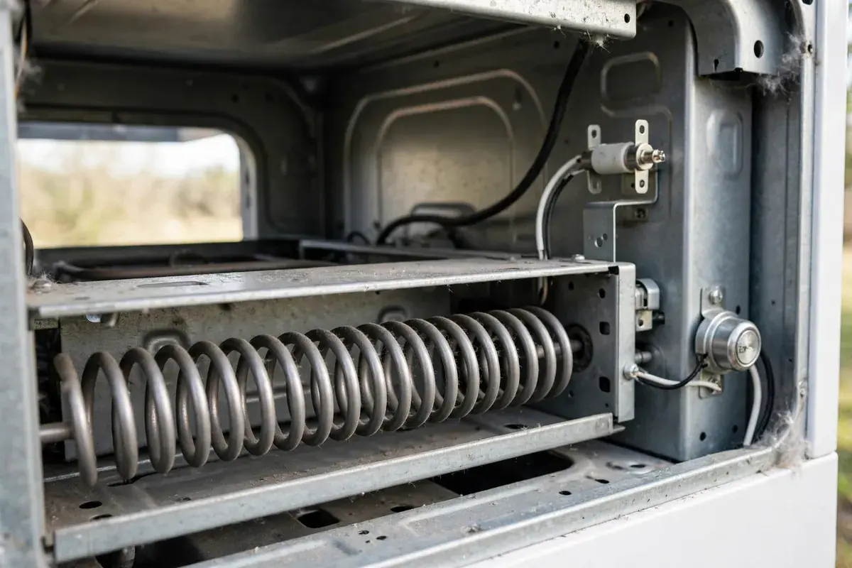 Coiled dryer heating element and its housing seen inside the opened dryer cabinet