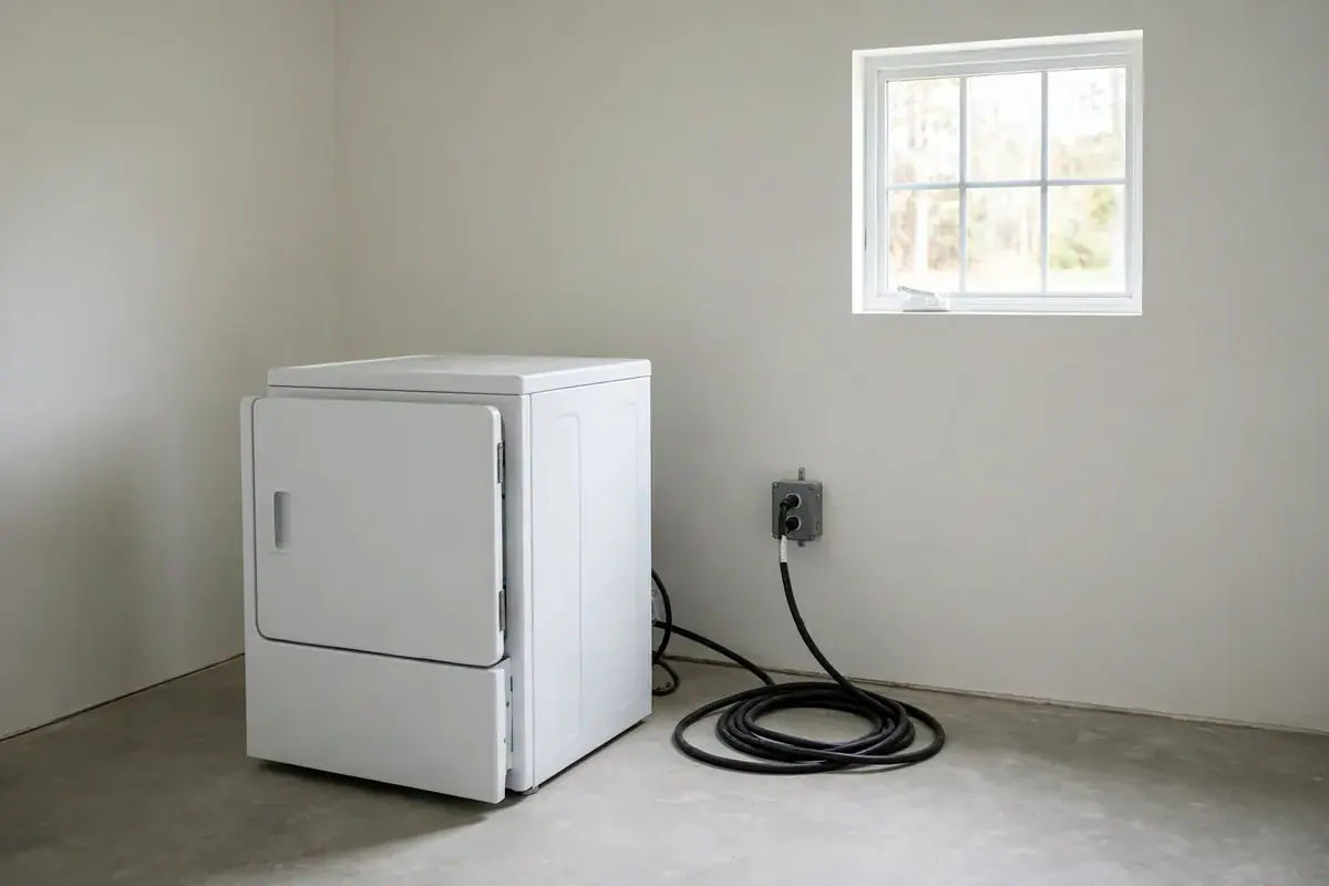 Electric dryer pulled forward in a utility room, showing its power cord and wall outlet