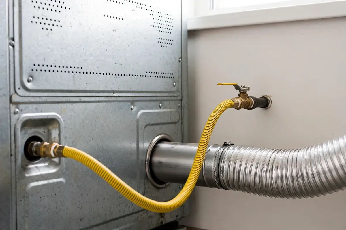Back of a gas dryer showing the flexible gas line, shutoff valve and exhaust port