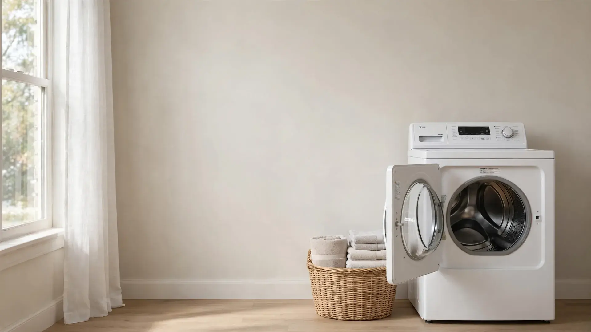 Front panel and open door of a white electric dryer in a bright laundry room