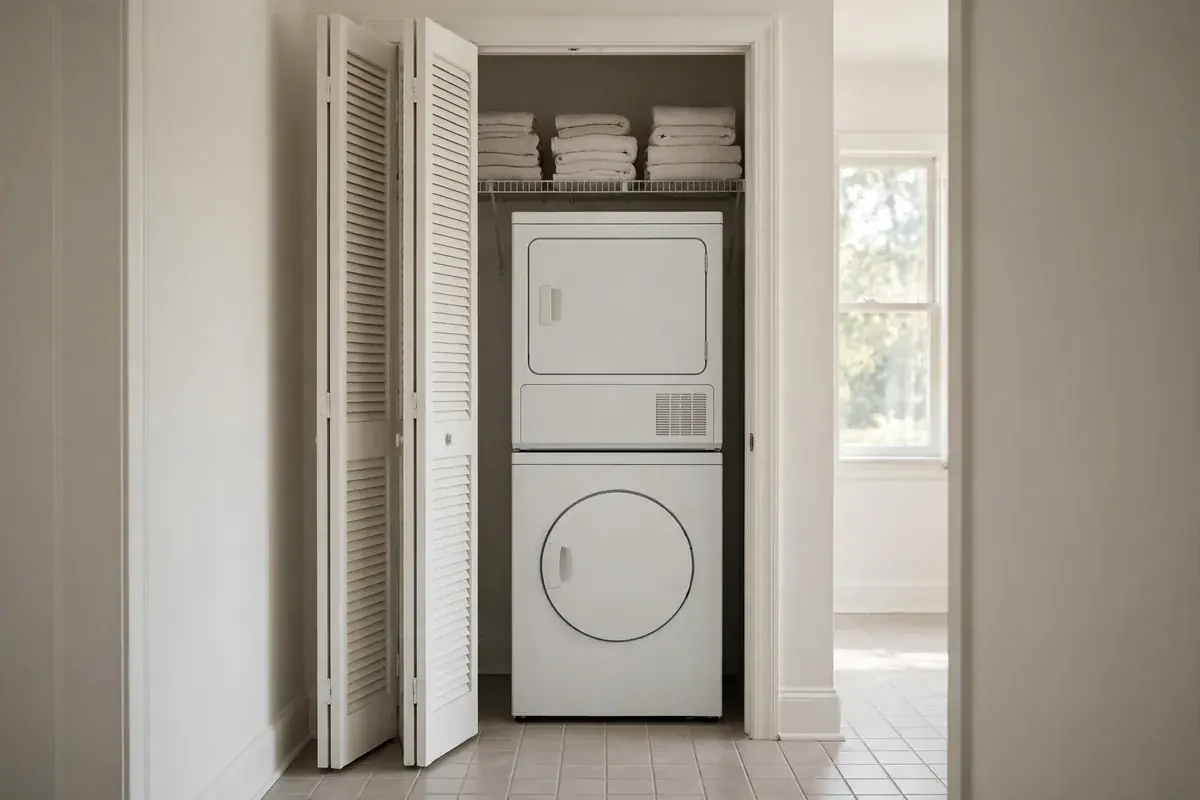 Hallway laundry closet with folded louvered doors open on a stacked washer and dryer
