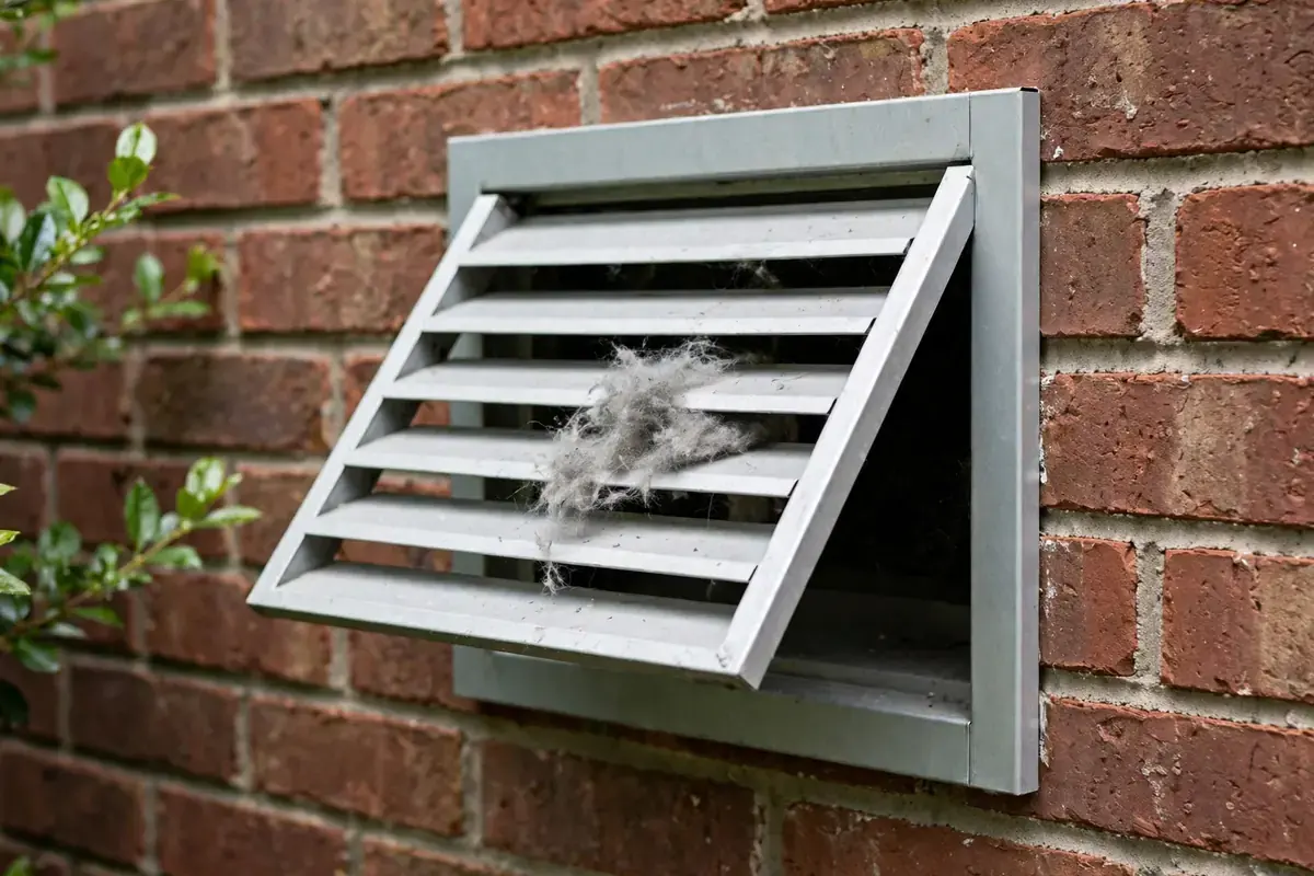 Brick wall dryer vent hood with lint caught on its louvered flap