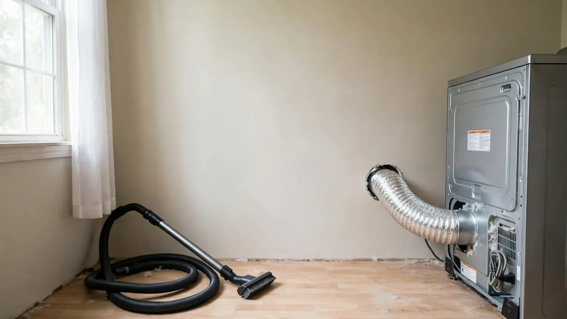 Gray flexible dryer vent duct running from the back of a dryer to a wall in a laundry room
