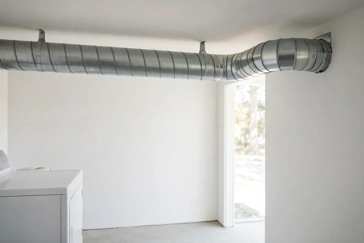 Long metal dryer duct running along a utility room ceiling toward the outside wall