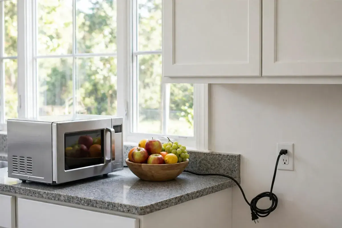 Countertop microwave on a granite counter beside a fruit bowl and window
