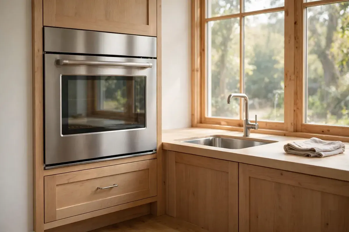 Built-in wall oven set into wood cabinetry in a bright kitchen