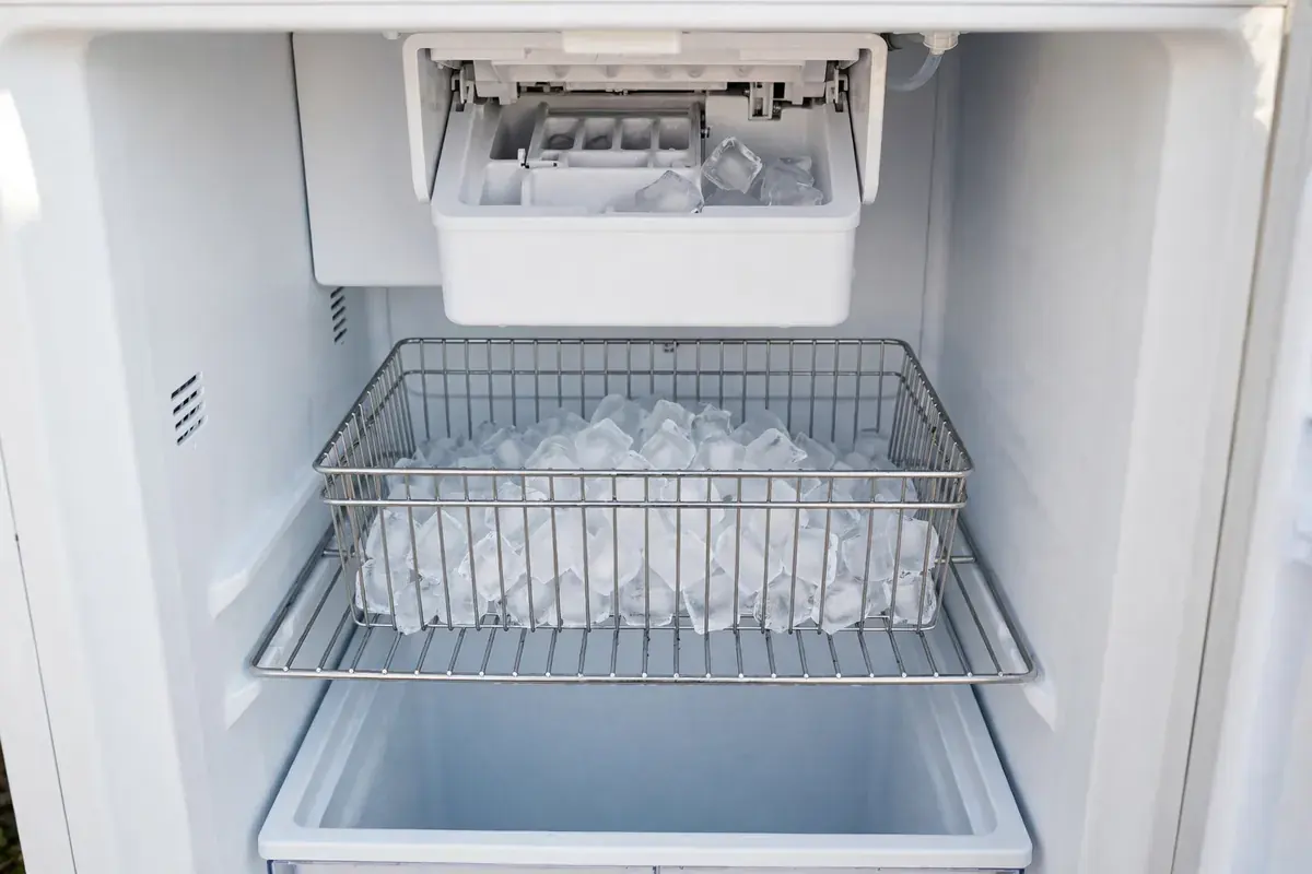 Freezer compartment showing the ice maker above a half full ice bin
