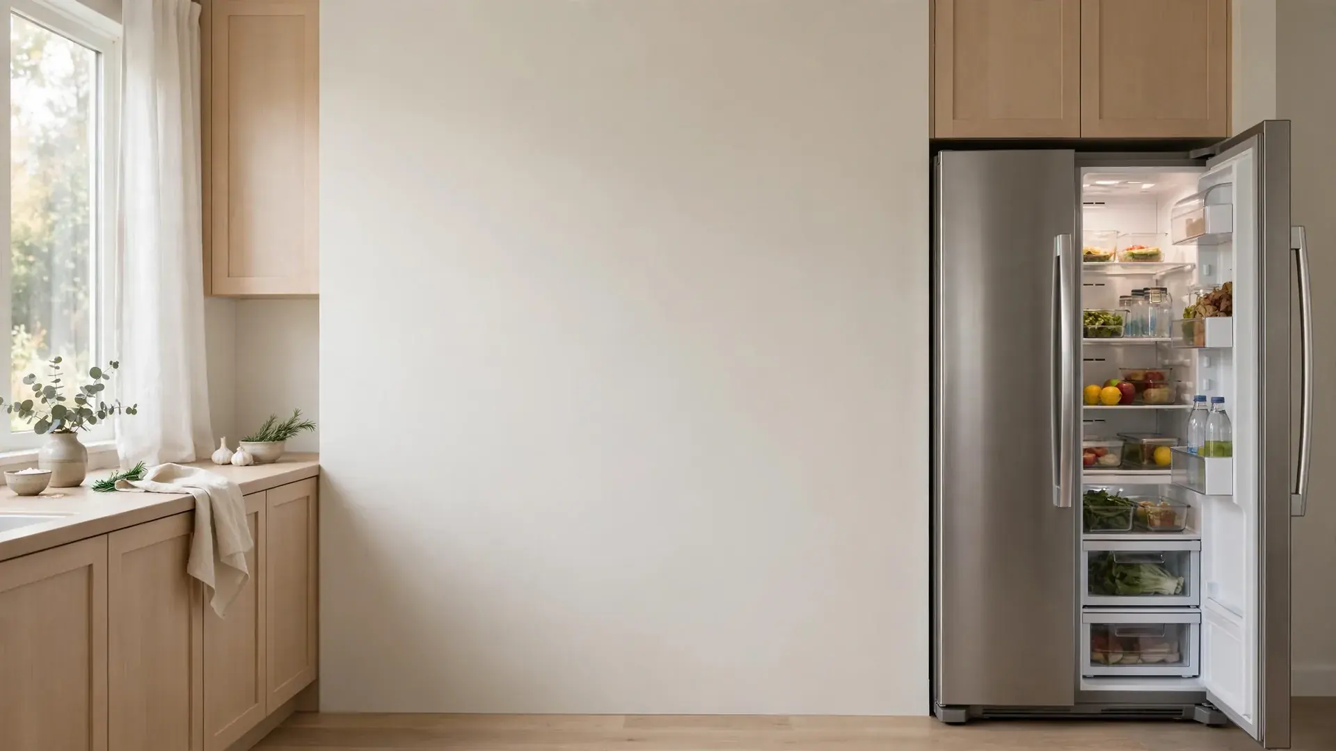 Stainless steel side by side refrigerator with the fresh food door open in a home kitchen