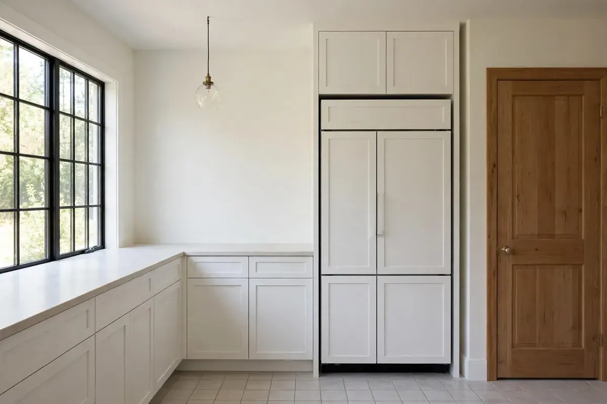 Kitchen with a refrigerator set into a cabinet alcove beside a pantry door