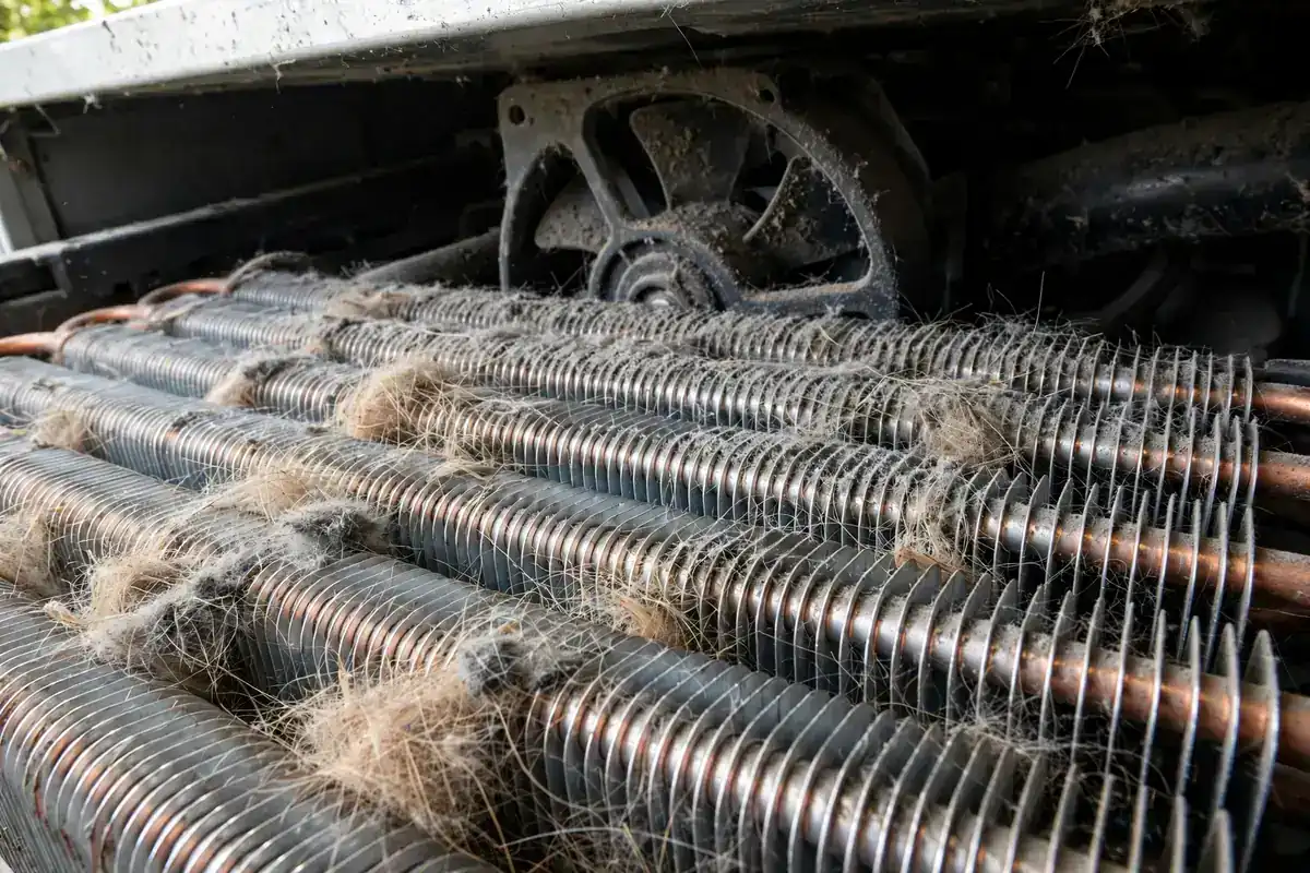 Dusty refrigerator condenser coils and fan seen with the front grille removed