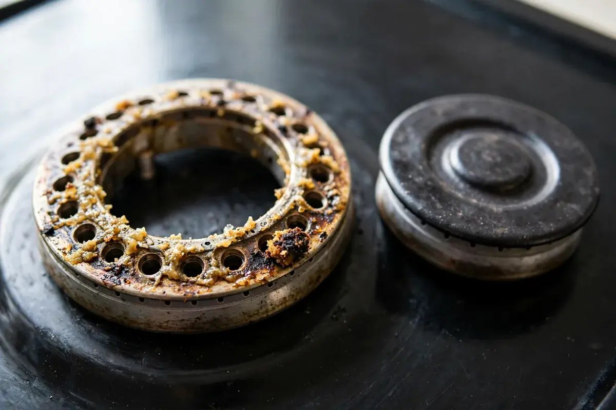 Gas burner port ring clogged with dried grease beside its removed cap