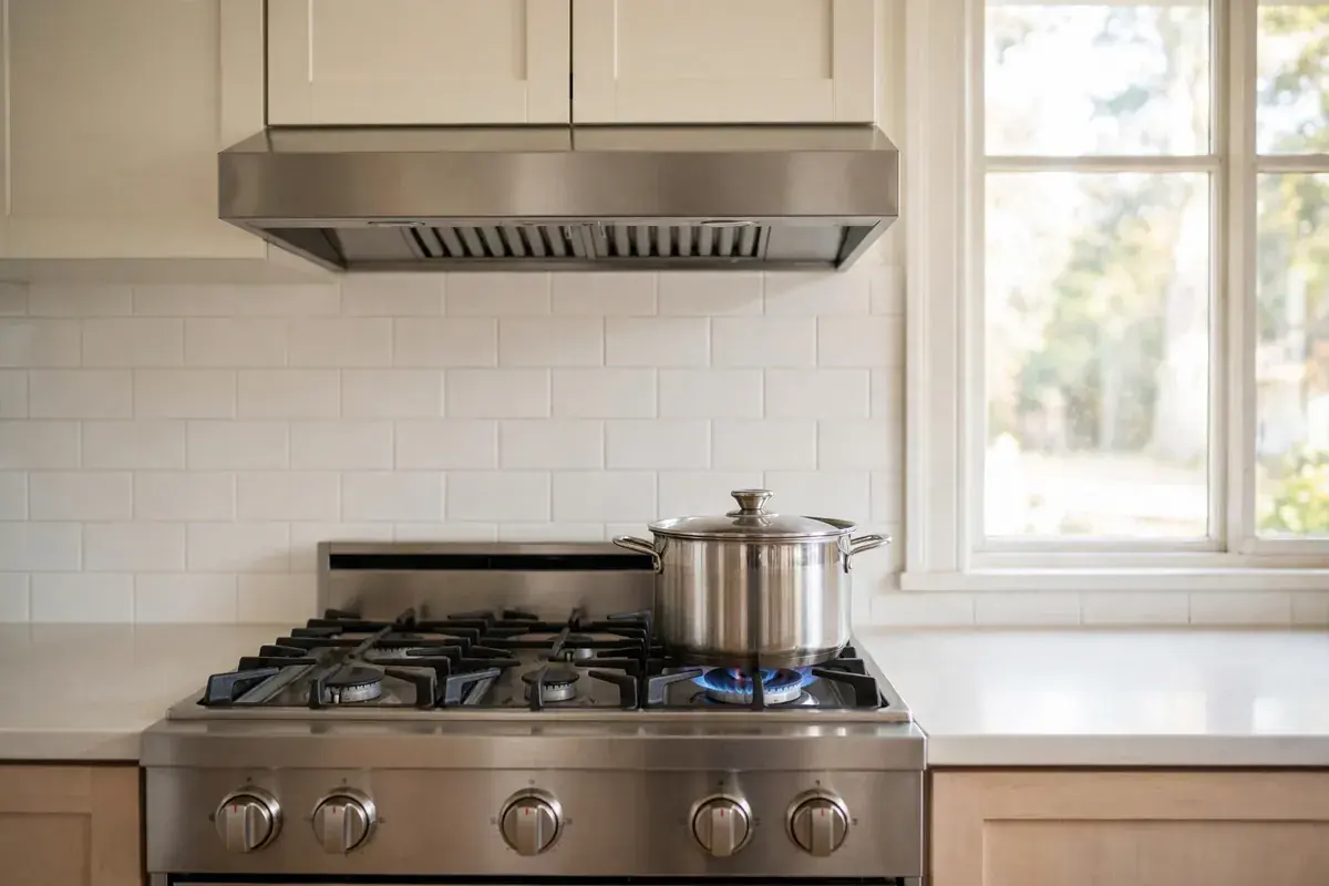 Gas range with a steady blue burner flame under a pot in a home kitchen