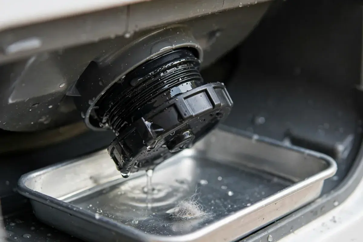 Front load washer drain pump filter cap partly unscrewed over a shallow pan