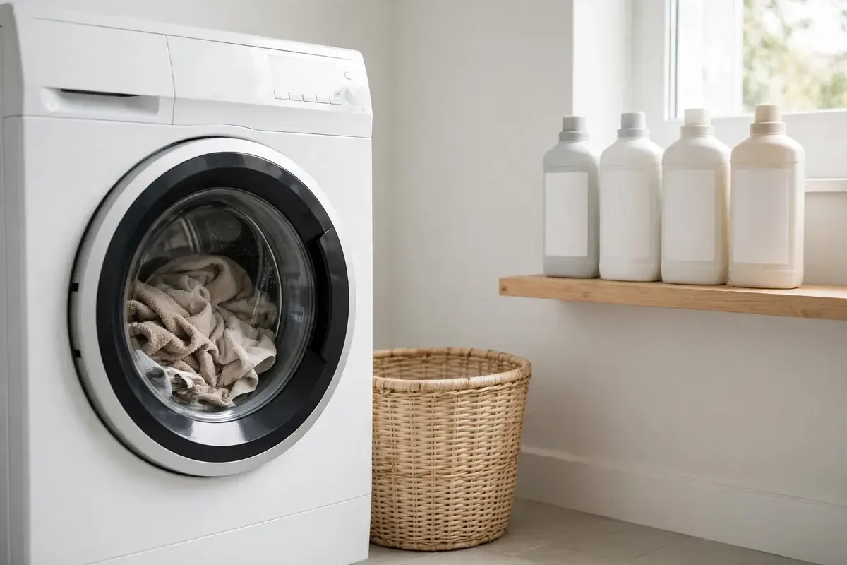 Laundry room with a front load washer holding a clumped load of towels