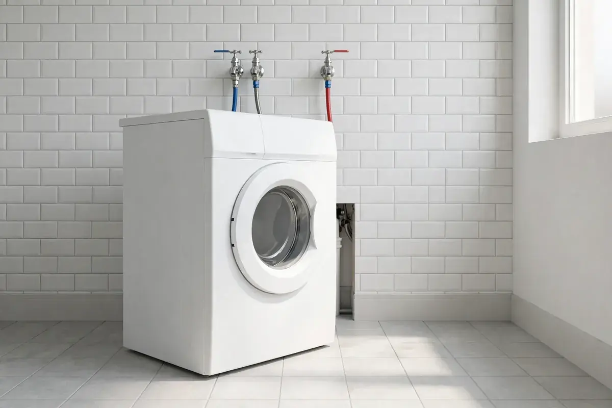 Washer pulled forward showing the hot and cold water taps and supply hoses behind it